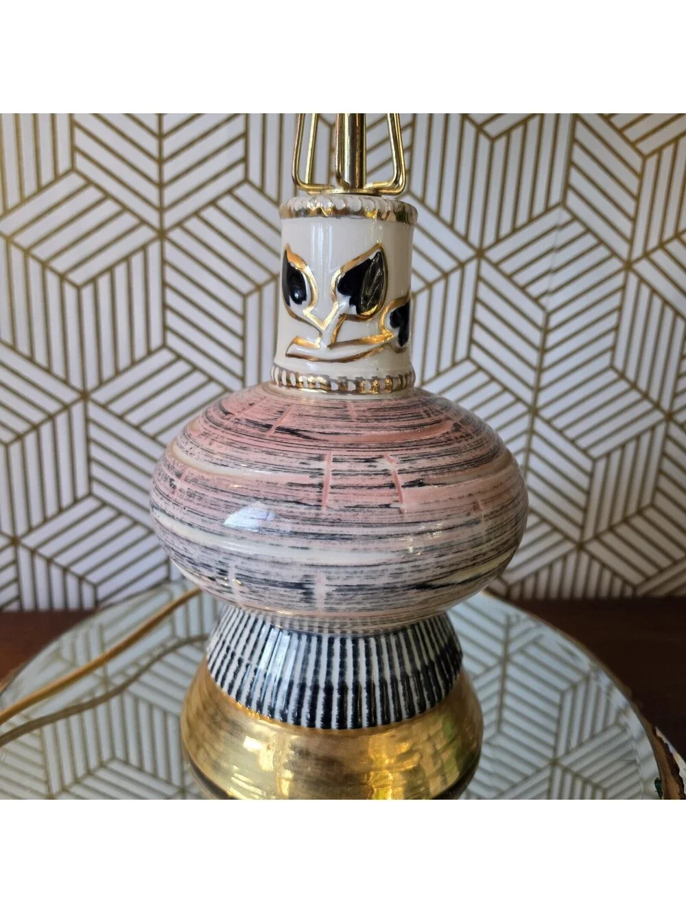 Vintage 1950s Mid Century Ceramic Lamp Pink Black Gold Atomic Wire Cage & Shade